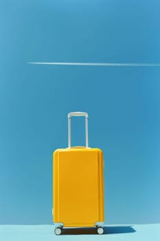 Travel essentials vibrant yellow suitcase on blue surface with airplane in sky background, wanderlust concept