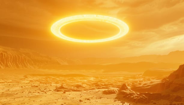 Mysterious alien ring in the middle of desert with bright sun extraterrestrial exploration of a travelers' trek