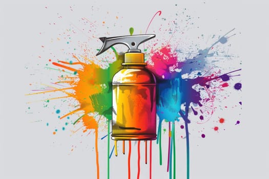 Artistic spray bottle with paint splatters and spray can on grey background, creative tools for art projects and diy crafts