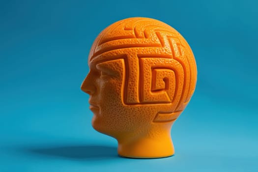 Mazepatterned orange sculpture of man's head as a unique artwork in travel destination gallery