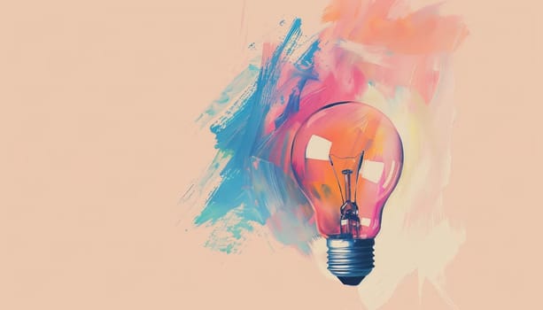 Illuminated light bulb with colorful paint splotch, creative idea concept for art and design inspiration