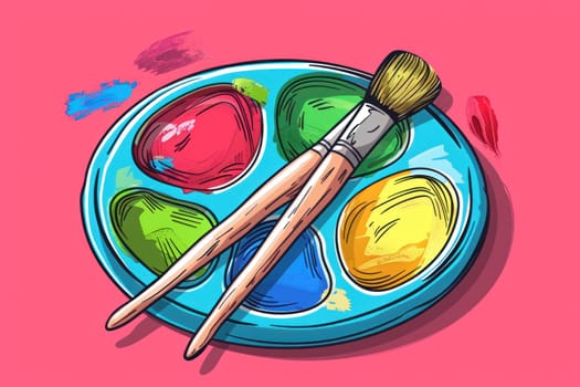 Artistic paint brushes and palette on pink background for creative projects and beauty of artistic work
