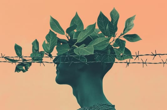 Man with plants on head standing in front of barbed wire fence, conceptual photo of nature and restriction
