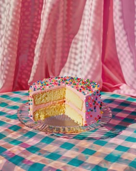 Delicious slice of cake on checkered tablecloth with pink curtains in cozy kitchen interior