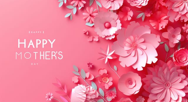 Happy mother's day celebration with handmade paper flowers on pink background for beauty and love concept