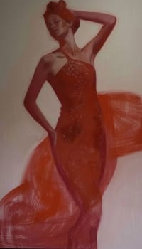 Woman in red dress with arms raised in celebration of beauty and fashion, artistic expression of joy and elegance