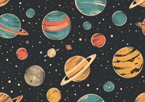 Seamless pattern of planets and moons on black background for space exploration and science enthusiasts