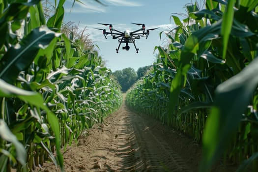 Aerial view of a drone flying over a lush green corn field in the heart of farming country