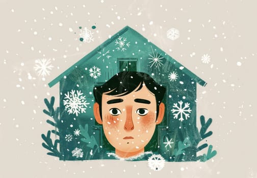 Winter wonderland man standing in front of snowcovered house with snowflakes falling around him