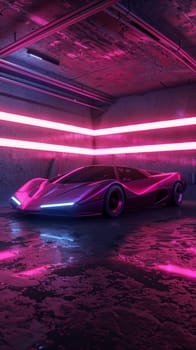 A sleek supercar bathed in pink neon exudes stealth and style. The car's aerodynamic design is highlighted by the ambient glow, creating a striking visual