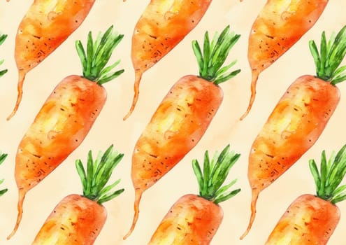 Watercolor pattern of carrots on light beige background with green leaves, fresh natural organic vegetable farm design