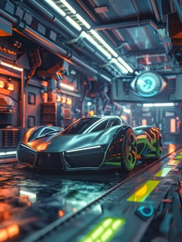 A futuristic concept car with sleek lines is showcased in a sci-fi hangar, bathed in the glow of ambient lights. The design marries advanced technology with a visionary aesthetic