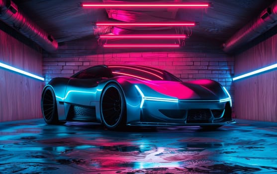 A modern electric car shines under the crimson neon lights of an underground parking, showcasing a sophisticated and futuristic design. Vehicle reflects a blend of performance and cutting-edge style