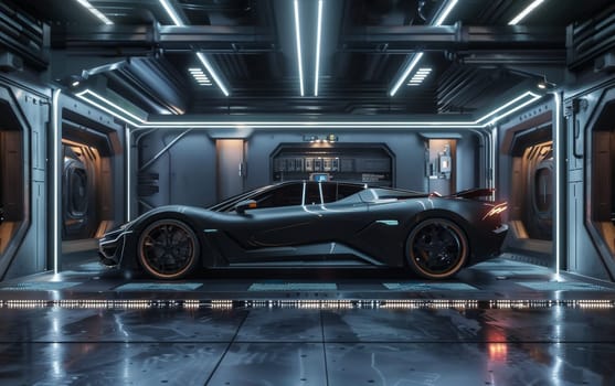 A sleek black supercar is parked in a high-tech, illuminated sci-fi garage, evoking a sense of advanced technology and luxury. The floor and ambient lighting highlight the car's aerodynamic design