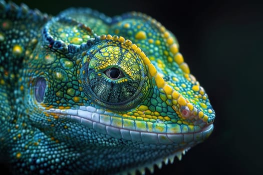 Closeup shot of colorful chameleon face with vibrant green and yellow pattern in nature and wildlife environment