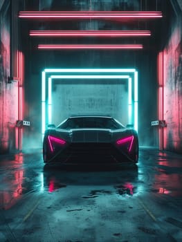 The sports car stands out against a backdrop of neon lights in a moody urban garage, creating a dramatic and stylish scene. The car's sharp angles are accentuated by the vibrant lighting