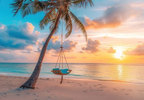 Serenity of tropical sunset hammock swing on luxurious beach with palm trees and sea view for travel and relaxation concept