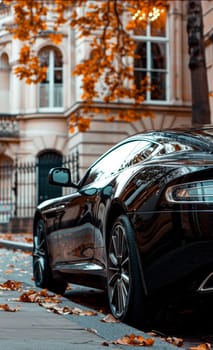 An elegant black luxury sedan is captured on a cobblestone street lined with autumn leaves, blending modern sophistication with historical charm. The vehicle's reflection shimmers on wet cobblestones