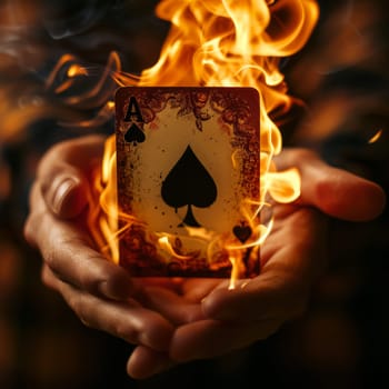 A hand holding a card on it and flames surrounding it. Concept of magic and wonder, as if the card is a powerful object that can bring good fortune or change the course of events