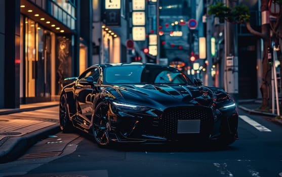 A high-end sports car boasts a reflective black exterior as it cruises the neon-lit streets of a bustling city at night, embodying luxury and speed. The urban environment adds to the car's allure