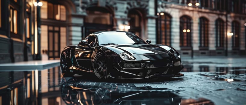 A supercar reflects on the wet streets of an illuminated city, its black bodywork shining under the evening lights, symbolizing power and sophistication in an urban setting