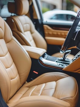 This contemporary car interior features luxe detailing, emphasizing the beige leather seats that offer both comfort and opulence. Commitment to luxury and modern aesthetics in automotive design