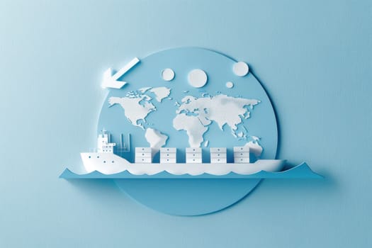 Cargo ship voyage across the world paper cut of map on blue background with global travel theme