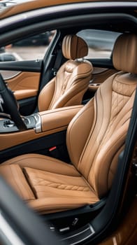 The premium tan leather car seats showcase exceptional design and ergonomics, offering a blend of luxury and modern functionality. The highlights the vehicle's focus on driver and passenger comfort