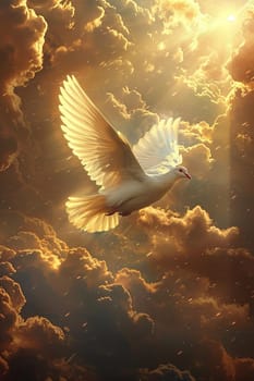 A white dove flying in the sky with a sun shining on it. The image has a peaceful and serene mood, as the dove is soaring high above the clouds