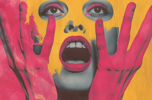 Woman with painted hands in pink and yellow expressive artistic portrait with beauty and emotion