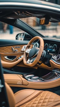 The golden hour light bathes a beige leather interior, highlighting the meticulous craftsmanship and serene elegance of the car's design. The ambiance is one of tranquility and luxury