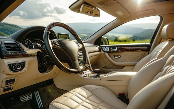 Sunlight streams into the car, illuminating the plush beige leather interior with a panoramic view of the rolling hills, offering a serene drive in a luxuriously appointed cabin