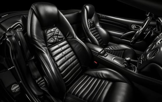 The photograph highlights the luxury of black leather car seats with a dynamic contrast against dark details. The cabin evokes a feeling of high-end sophistication with every stitch