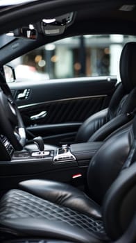 An interior view of a contemporary car, focusing on the gear shift and plush leather seats. The image captures the blend of luxury and technology in modern vehicle design