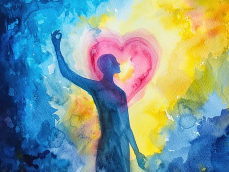 Man holding up heart watercolor painting in bright colors symbolizing love, emotions, and happiness