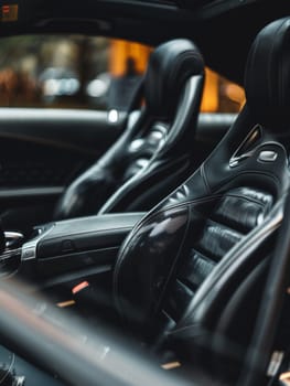 The photo showcases a luxurious car interior with black leather bucket seats and a detailed dashboard. The ambiance reflects a fusion of comfort and modern aesthetics