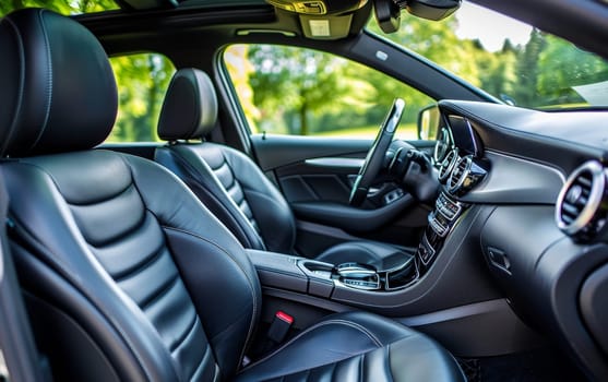 A wide shot captures the spacious and luxurious interior of a car, featuring sumptuous black leather seating and high-tech dashboard. The design speaks to both comfort and style