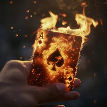 A hand holding a card on it and flames surrounding it. Concept of magic and wonder, as if the card is a powerful object that can bring good fortune or change the course of events