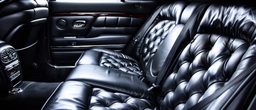 Sumptuous black leather seats create a sense of luxury within the car's cabin. The detailed stitching and glossy finish reflect a high-end automotive design