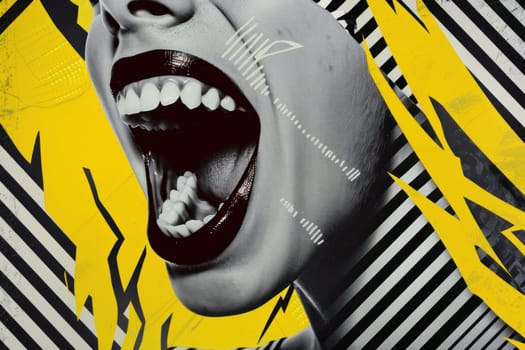 Surprised woman in front of vibrant yellow and black stripes background with open mouth