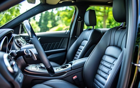 This luxury car's interior boasts a panoramic sunroof and meticulously crafted seats. The design exudes comfort and a connection with the outdoors