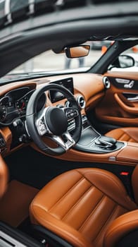 A modern vehicle's cockpit is wrapped in tan leather, boasting contemporary design and advanced controls. The harmony of form and function is unmistakable