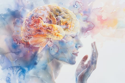 Emotional reflection woman holding brain in hand, watercolor painting on the theme of mental health and psychology