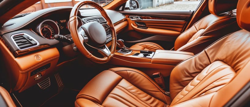 This car's interior is a haven of elegance, with tan leather seats that promise unparalleled comfort and a timeless aesthetic