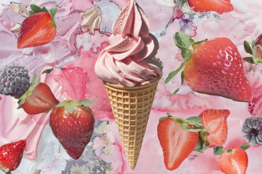 Sweet summer treat ice cream cone with fresh strawberries and fruit on pink background