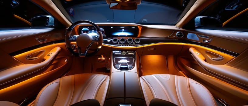 The luxury car interior boasts warm leather tones, offering both visual pleasure and tactile comfort for an exceptional driving sensation