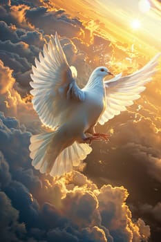 A white dove flying in the sky with a sun shining on it. The image has a peaceful and serene mood, as the dove is soaring high above the clouds