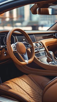 The tan leather steering wheel and quilted seats in this luxury car illustrate a commitment to comfort and elegance