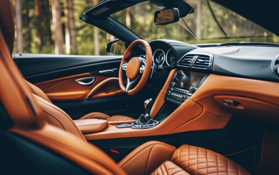 Forest reflections play across the tan leather interior of this car, where technology and nature intersect with grace