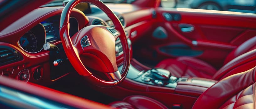 Sunlight filters through, illuminating the red leather steering wheel and detailed dashboard of a luxury car. The focus on texture and color provides a sense of warmth and opulence